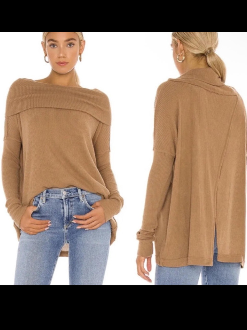 We the Free by Free People Tan Juicy Ribbed Cowl Neck Long Sleeve Top EUC
